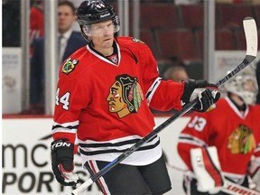 Kimmo Timonen #44 of the Chicago Blackhawks skates during warm-ups before a game against the Carolina Hurricanes at the United Center on March 2, 2015 in Chicago.