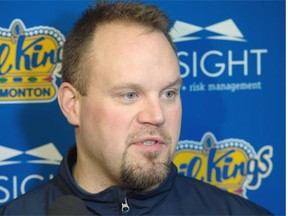 Oil Kings head coach Steve Hamilton talks to media following the team’s playoff exit against Brandon, at Rexall Place in Edmonton, April 2, 2015.