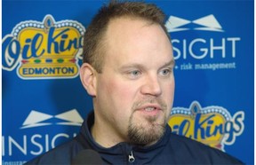 Oil Kings head coach Steve Hamilton talks to media following the team’s playoff exit against Brandon, at Rexall Place in Edmonton, April 2, 2015.