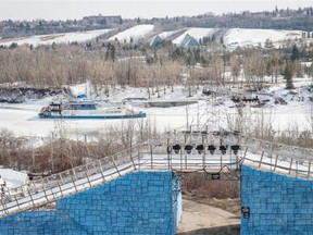 The set up of the last stage of the Red Bull Crashed Ice World Series in Edmonton seen on Feb. 11, 2015. The 415-metre Red Bull Crashed Ice track starts at the Shaw Conference Centre and ends in Louise McKinney Park beside the North Saskatchewan River.