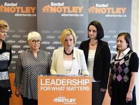 NDP Leader Rachel Notley was flanked by (L-R) lab technician Karen Thomson, retired registered nurse Marg Hayne, Lesser Slave Lake NDP candidate Danielle Larivee and registered nurse Karen Kuprys as she outlined her party’s health platform at the Chateau Lacombe Hotel in Edmonton.