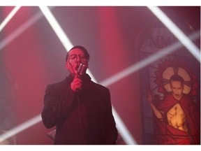 Marilyn Manson entertains the crowd at the Shaw Conference Centre on April 2, 2015 in Edmonton.