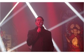 Marilyn Manson entertains the crowd at the Shaw Conference Centre on April 2, 2015 in Edmonton.