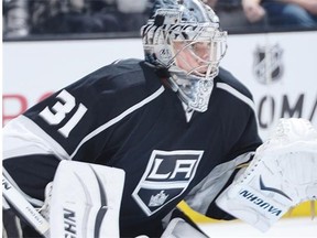 Martin Jones #31 of the Los Angeles Kings defends the goal during a game against the Dallas Stars  at STAPLES Center on Nov. 13, 2014, in Los Angeles.