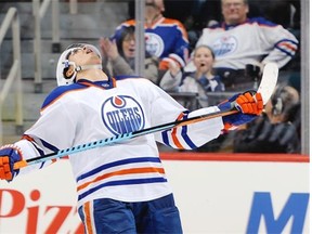 Nail Yakupov #10 of the Edmonton Oilers reacts after failing to score on a shootout attempt against the Winnipeg Jets on Feb. 16, 2015, at the MTS Centre in Winnipeg. The Jets defeated the Oilers 5-4 in a shootout.