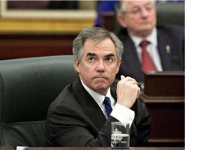 Alberta Premier Jim Prentice looks to the gallery during the the 2015 budget in Edmonton, Alta., on Thursday, March 26, 2015.