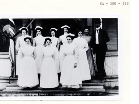 Nurses at the Edmonton Public Hospital in 1909, which was replaced by the Royal Alexandra Hospital in 1912.