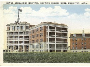 A postcard depicts the original Royal Alexandra Hospital in 1912 with just the east wing built.