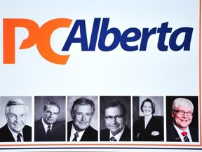 A  poster tells the story of Progressive Conservative leadership since 1971. It was displayed outside a meeting room in June 2014 during the leadership campaign to fill the vacancy created by Alison Redford’s resignation.