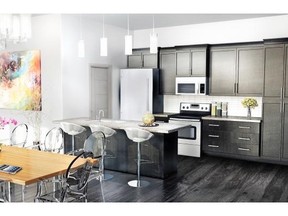 A rendering of the kitchen in the new Stafford Greens condo development in Granville.