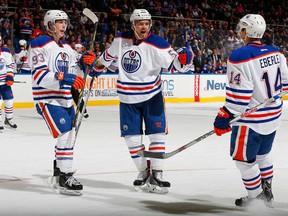 Anton Lander (centre) has looked increasingly at home with Edmonton Oilers stars like Ryan Nugent-Hopkins and Jordan Eberle. On Thursday it was announced he will be their teammate for the next two seasons -- at a sixth of the cost.