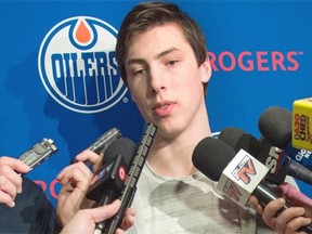 Ryan Nugent-Hopkins talks to the media at the Edmonton Oilers locker clean-out day at Rexall Place in Edmonton on April 12, 2015.