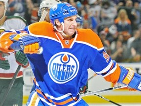 Ryan Smyth of the Edmonton Oilers celebrates his first period goal against the Minnesota Wild on Feb. 21, 2013.