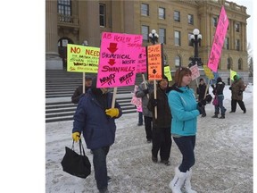 Ryley residents protest a proposed medical waste incinerator at the legislature in Edmonton on Feb. 27, 2015.