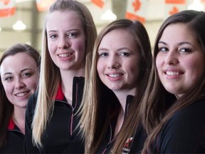 The Saville Community Sports Centre held a send-off party for, from left, Kelsey Rocque and her Canadian junior women’s curling championship rink of Danielle Schmiemann, Holly Jamieson and Jesse Iles. They are competing in the world championship, which started Saturday at Tallinn, Estonia.