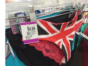 Second-hand underwear with cheeky red lace on the back and a British flag at front at Value Village