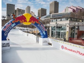 The setup of the last stage of the Red Bull Crashed Ice World Series in Edmonton seen on Feb. 11, 2015. The 415-metre track features nine turns, including this terrace corner.
