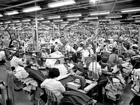 A sea of sewers in the sewing room of the Great Western Garment Company (GWG) factory in Edmonton. The company had more than 1,000 employees locally at its peak, opening a new distribution centre in 1968.