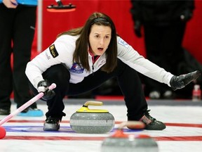 Skip Heather Nedohin watches a rock during game action against Team Kleibrink at the Women’s Provincials Curling Championship in Lacombe, Alberta on January 22, 2015.