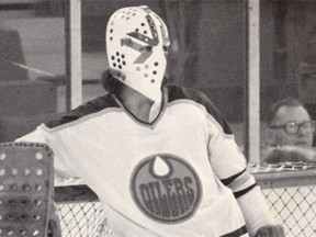 Don ‘Smokey’ McLeod stands in goal for the Edmonton Oilers of the World Hockey Association at the Coliseum on Dec. 30, 1977.