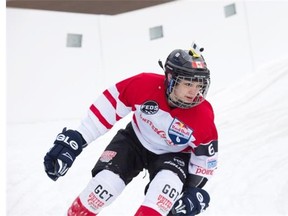 Stephanie Fedoruk on course in the training run. Training runs at for Crashed Ice Edmonton at the Shaw Conference Centre in Edmonton.