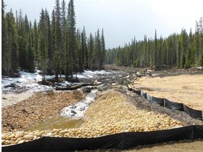 Stone rip-rapping and jute matting upstream on the Apetowun Creek after the massive Obed coal tailings pond spill in 2013.