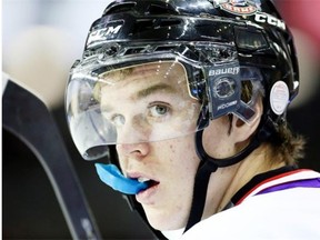 Team Orr captain Connor McDavid, of the Erie Otters looks on during the third period of the CHL Top Prospects Game in St. Catharines, Ontario, on Thursday, January 22, 2015.