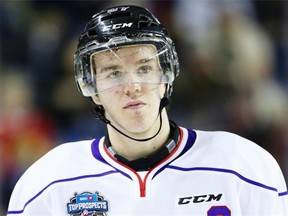 Team Orr captain Connor McDavid of the Erie Otters stands on the ice before the first period of the CHL Top Prospects game in St. Catharines, Ont., on Jan. 22, 2015.