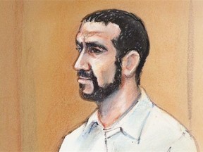 In this artist’s sketch, Omar Khadr attends his bail hearing in Edmonton, Tuesday, March 24, 2015. Khadr’s lawyer Nathan Whitling is asking an Edmonton judge to grant the 28-year-old Khadr bail while he appeals his war-crimes conviction before a U.S. military court.