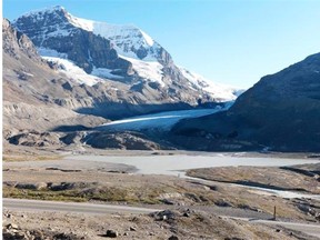 This current photo depicts the Columbia Icefield and the receding Athabasca Glacier.