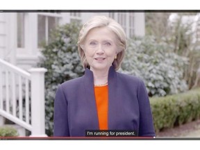 In this image taken from video posted to hillaryclinton.com on Sunday, April 12, 2015, Hillary Rodham Clinton announces her campaign for president. The former secretary of state, senator and first lady enters the race in a strong position to succeed her rival from the 2008 campaign, President Barack Obama.