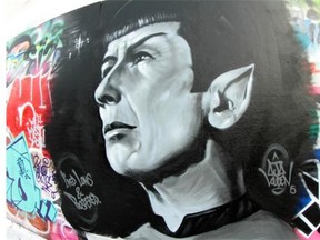 This mural on one of Edmonton’s legal graffiti walls behind the Paint Spot is a tribute to Leonard Nimoy, by Edmonton street artist AJA Louden.