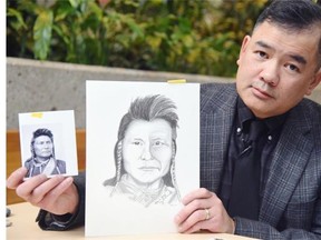 This sketch by Det. Calvin Mah, a police composite artist, was made by a description of the photo on the left, showing the young face, left, and an older version on the right side.