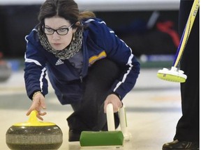 Six-time Canadian champion and two-time world champ Colleen Jones of Nova Scotia in action March 21, 2015, at the Canadian senior curling championships at Edmonton’s Thistle Curling Club.