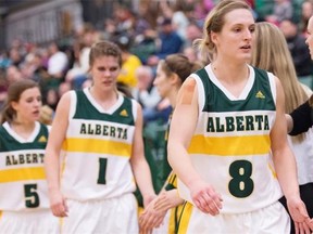 The University of Alberta Pandas basketball team steps onto the floor at Edmonton’s Saville Sports Centre on Feb. 27, 2015, for Game 1 of their Canada West playoff series against the MacEwan Griffins.