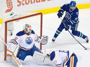 Vancouver Canucks’ Daniel Sedin, right, scores against Edmonton Oilers’ goalie Ben Scrivens as David Musil (87) watches during the first period of an NHL hockey game in Vancouver on Saturday April 11, 2015.