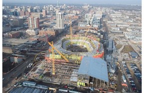 A view of Rogers Arena from the Epcor Tower. Representatives from the City of Edmonton, Edmonton Arena Corporation, and PCL Construction Management gave a briefing on the construction of Rogers Place, on Wednesday, March 18, 2015.