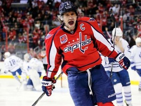 Washington Capitals star Alex Ovechkin celebrates his goal against the Toronto Maple Leafs during NHL action on March 1, 2015, in Washington.