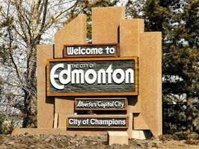 The Welcome to the City of Edmonton sign, featuring ‘The City of Champions’ slogan on Gateway Boulevard in 2008.