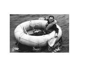 An RAF airman practices in a dinghy on the English Channel on the possibility that his plane would be shot down and he would have to bail over water and use air-sea rescue equipment to survive. The kind of experience was unofficially recognized by the Goldfish Club. An Edmonton pilot became a member of the club in 1943 after his Spitfire airplane crashed into the English Channel and he floated in a dinghy for eight days before he was picked up.