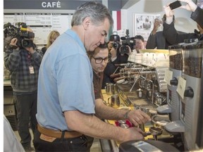 Prentice started his Monday morning campaigning in Edmonton at the west-end Italian Centre and making espresso one day before Albertans go to the polls.