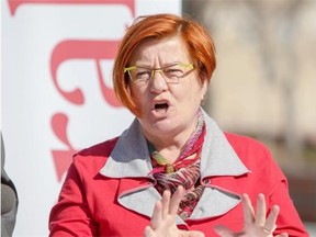 Laurie Blakeman, Liberal candidate for Edmonton-Centre during a policy announcement about long-term municipality funding in Edmonton on April 15, 2015.