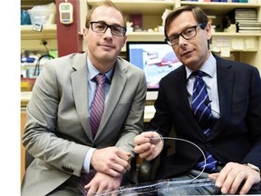 Dr. Andrew Pepper, left, and Dr. James Shapiro in his University of Alberta lab in Edmonton on April 21, 2015.