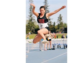 Brooklynn Ratzlaff of Bellrose Composite High School competes in long jump at the Edmonton zone high school track and field championships at Foote Field on May 22, 2013.