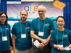Alieo Games co-founders, from left to right: Neesha Desai, Joel Koop, Chris McMahen and Kit Chen. Alieo, an educational technology company, is one of three finalists for the 2015 VenturePrize FastGrowth prize.