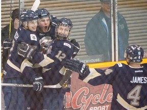 Defenceman Connor James scored one of the Spruce Grove Saints’ goals in Monday’s Western Canada Cup game against the Melfort Mustangs at Fort McMurray’s Casman Centre.