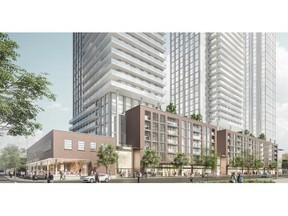 Developer Rise Real Estate wants to build a residential project in downtown Edmonton with towers reaching 48, 42 and 45 storeys, along with a six-storey podium, incorporating the historic Massey Ferguson building on 106th Street between 103rd and 104th Avenues. Supplied.