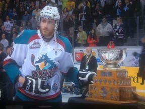 Leon Drasaitl doesn't look too thrilled about being named winner of the Stafford Smythe Trophy as MVP of the 2015 Memorial Cup. Evidently this was not the trophy he was looking for.