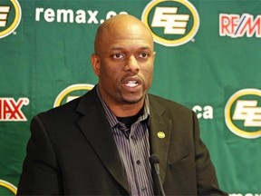 Edmonton Eskimos General Manager Ed Hervey speaks to media during the official club announcement where it was revealed that his contract had been extended and he had also been named Vice-President of Football Operations for the CFL club.