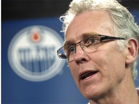 Edmonton Oilers general manager Craig MacTavish giving his year-end address to the media at Rexall Place in Edmonton on April 13, 2015.